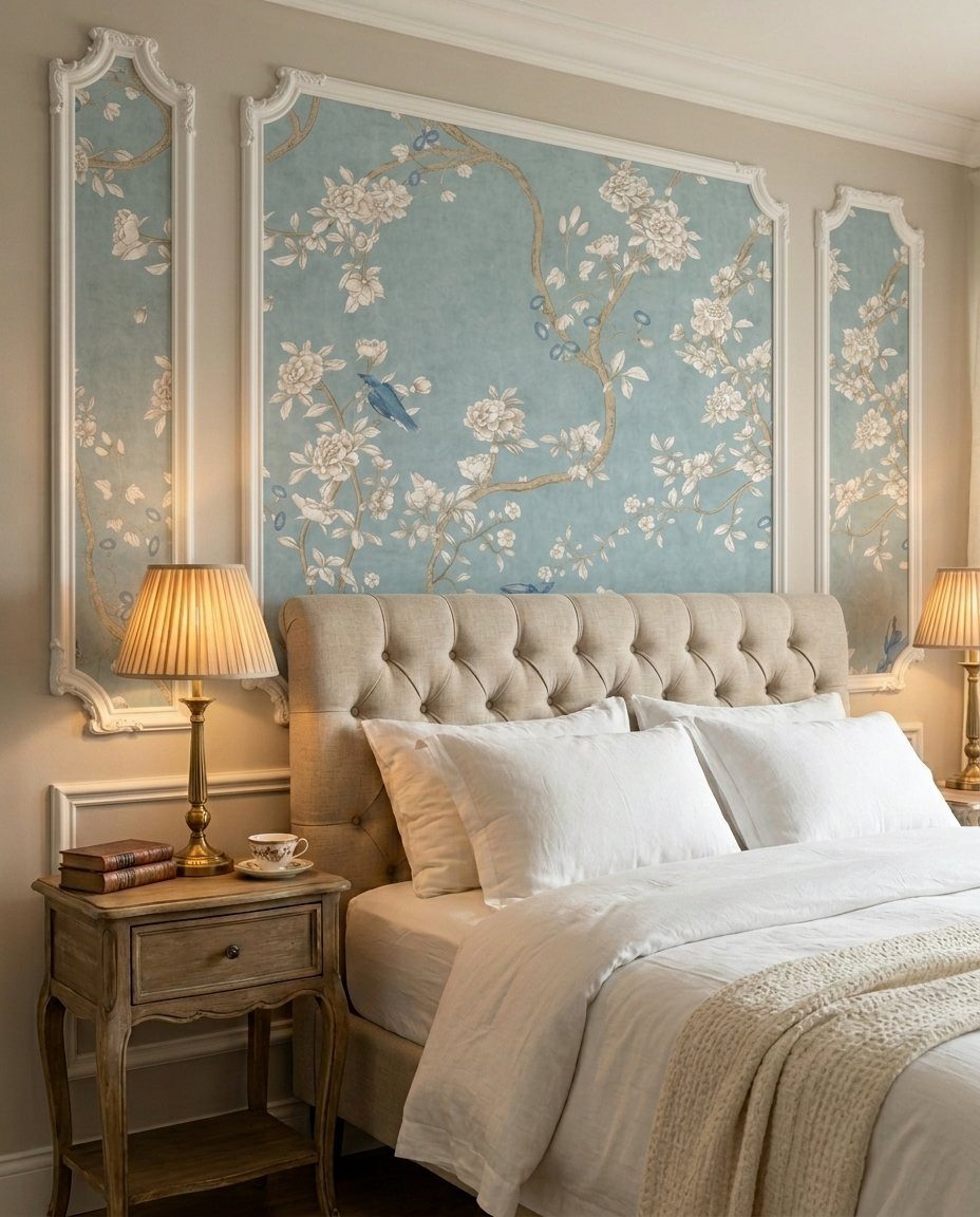 Ornate white frames displaying blue floral wallpaper on a bedroom wall behind a bed.