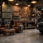 Organized garage storage with a tool pegboard, wooden workbench, and leather seating.