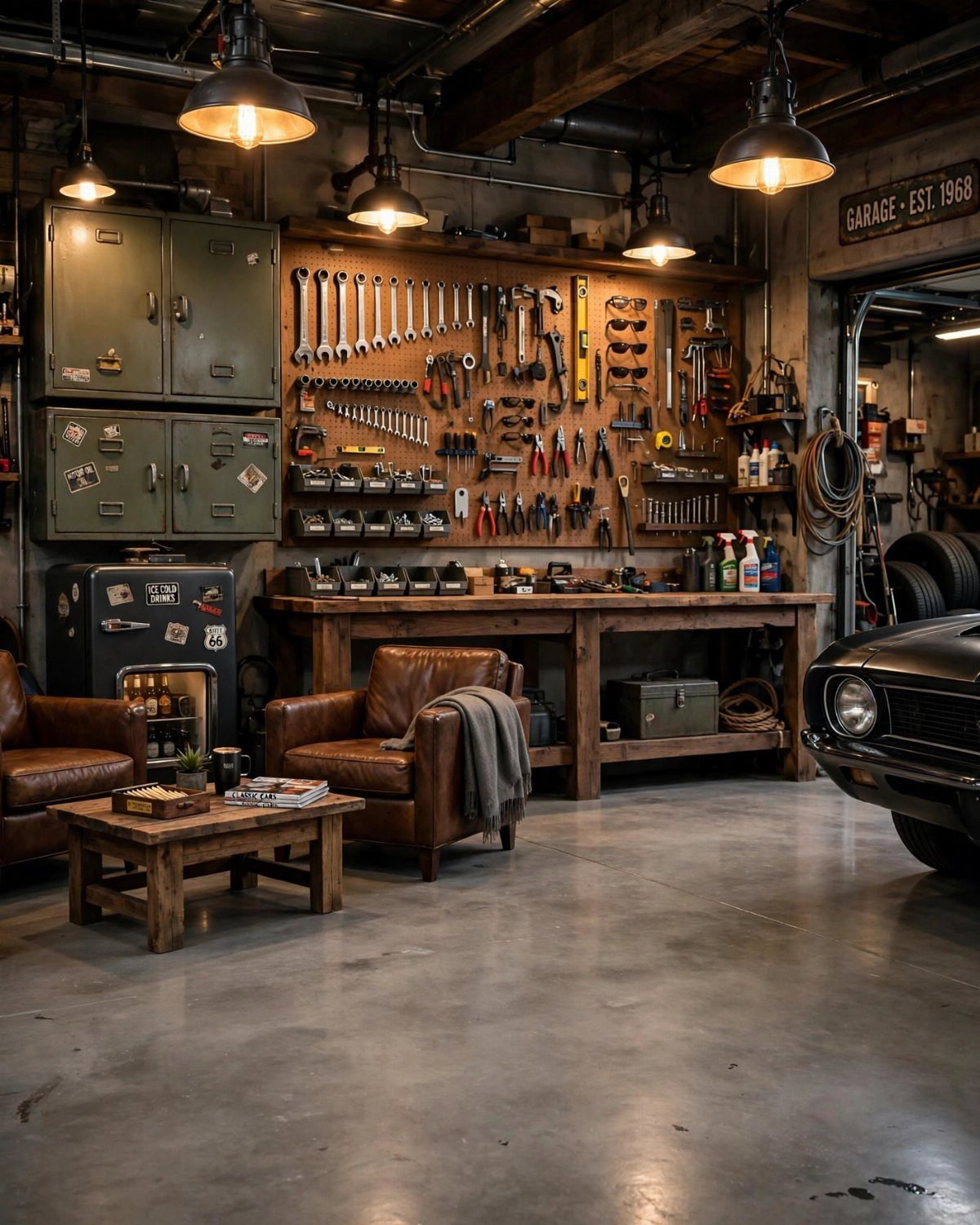 Organized garage storage with a tool pegboard, wooden workbench, and leather seating.
