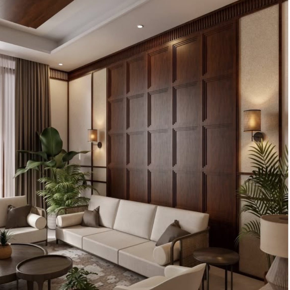 Dark wood paneled wall with rectangular molding in a modern living room with a cream sofa.