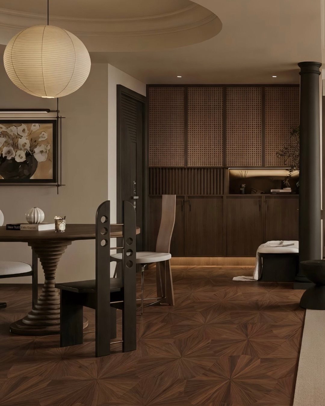 Art Deco Wood Floor: 5 Ways to Bring the Style Home 4 Geometric dark wood floor with a starburst pattern in a modern dining room.