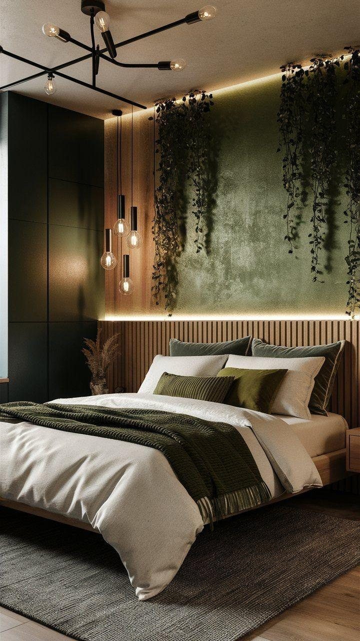 Modern bedroom with a dark green textured wall, hanging vines, and warm LED lighting behind a bed.