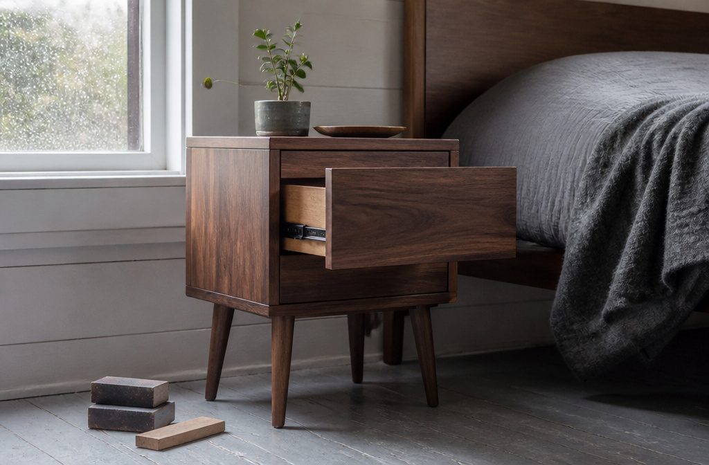 Wooden nightstand with a centered drawer and a simple finish