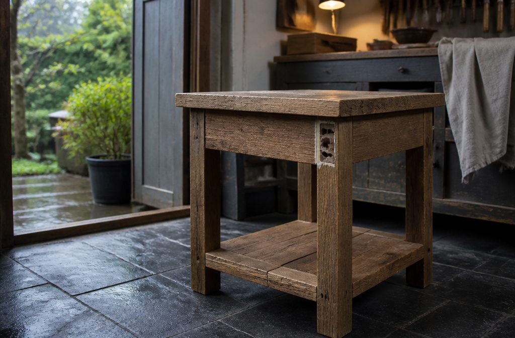 Rustic end table made from weathered wood with a simple frame
