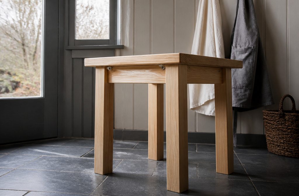 Side table with a solid wood top and simple frame in a home interior