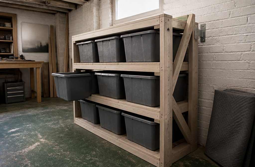 Wooden garage rack filled with plastic storage totes