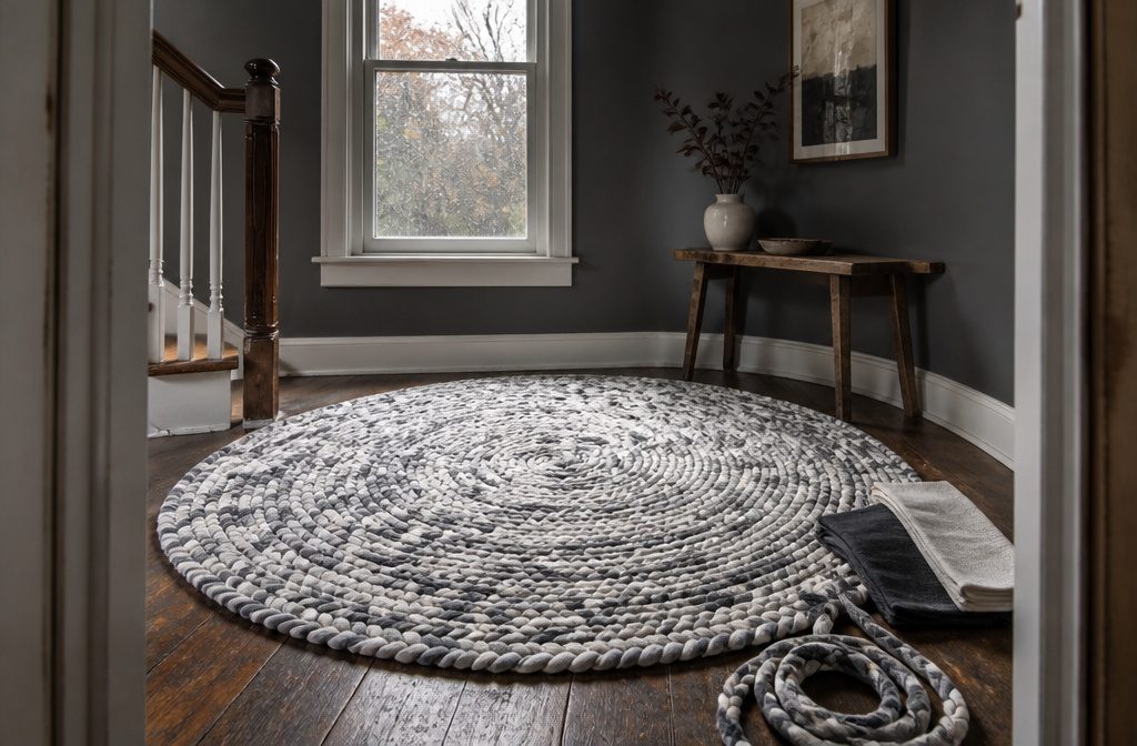 Round braided fabric rug on a craft table with fabric strips nearby