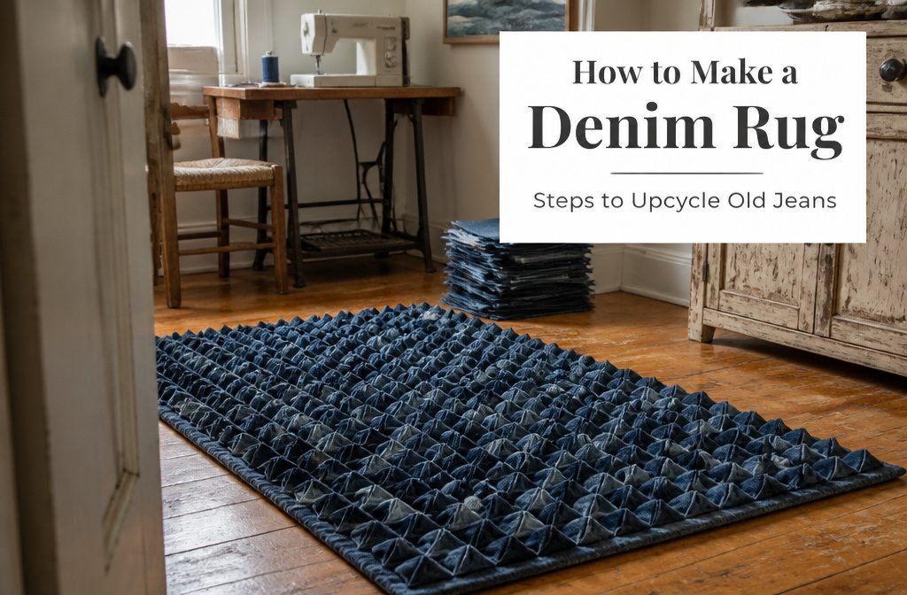 Denim rug made from old jeans beside folded fabric and sewing supplies
