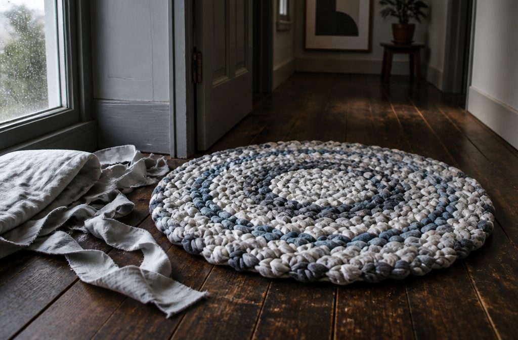 Round rag rug made from knotted strips of colorful fabric