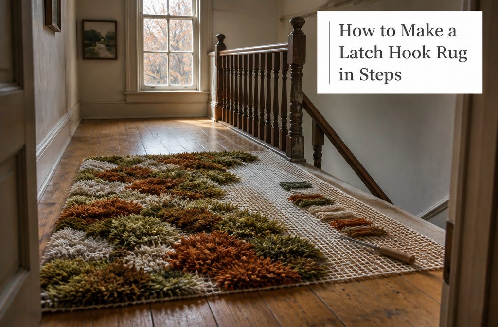 Latch-hook rug with colorful yarn worked through a square canvas grid