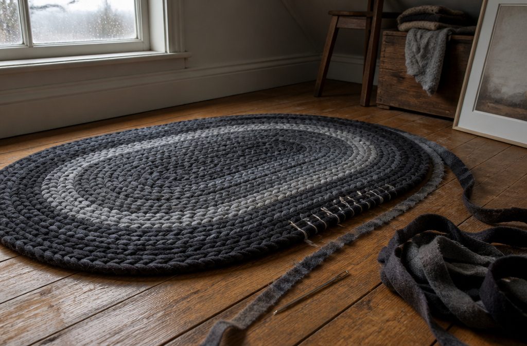 Braided fabric strips arranged into a rug in progress