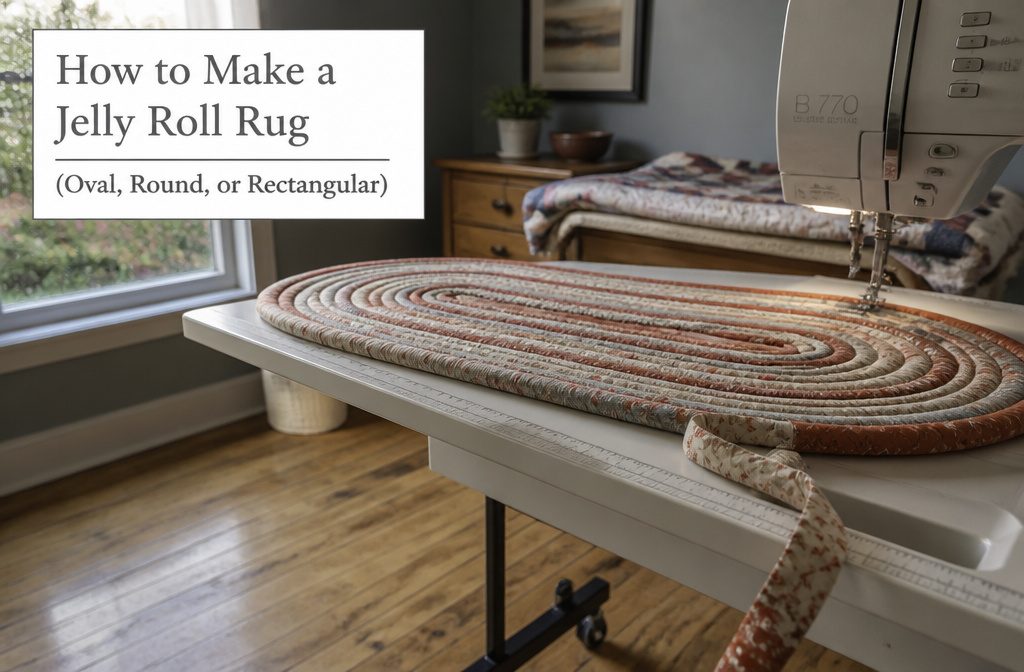 Jelly roll rug made from fabric wrapped around batting and joined with zigzag stitching