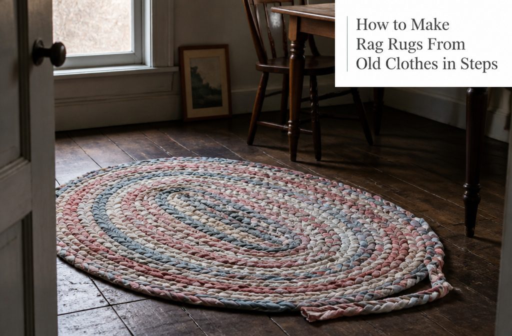 Old clothes cut into fabric strips beside a braid forming a rag rug