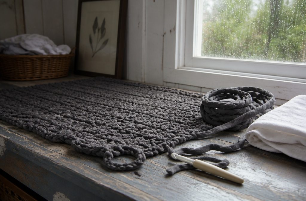 Rag rug made from fabric strips with a textured surface