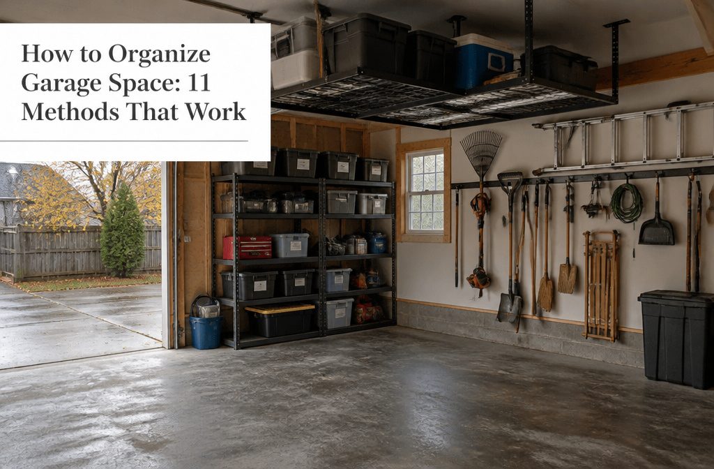 Garage with a parked car and shelves lining the walls