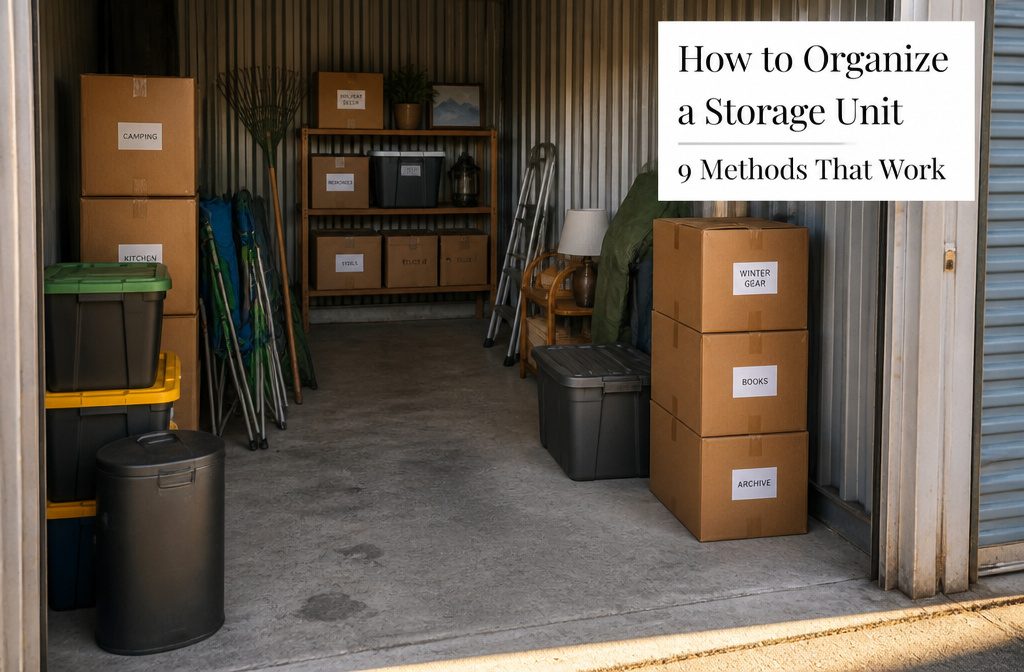 Storage unit with shelves, labeled boxes, and a clear aisle between stacked belongings