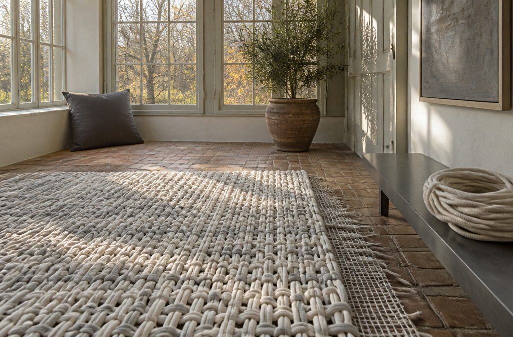 Cotton-piping rug with rounded fabric tufts covering its netting base