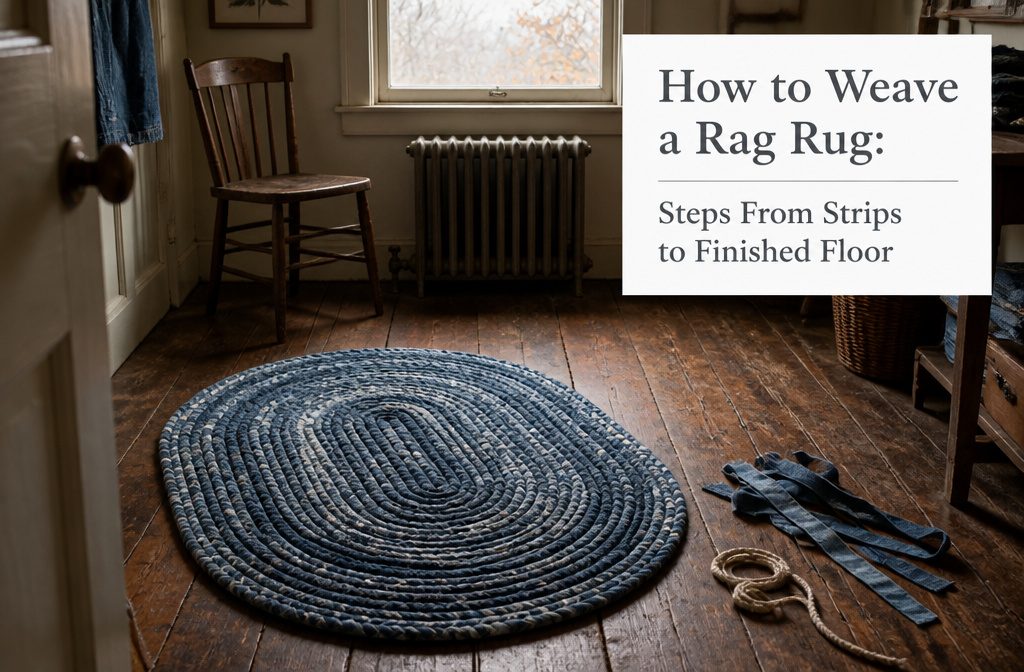 Finished rag rug beside denim strips and rope on a worktable