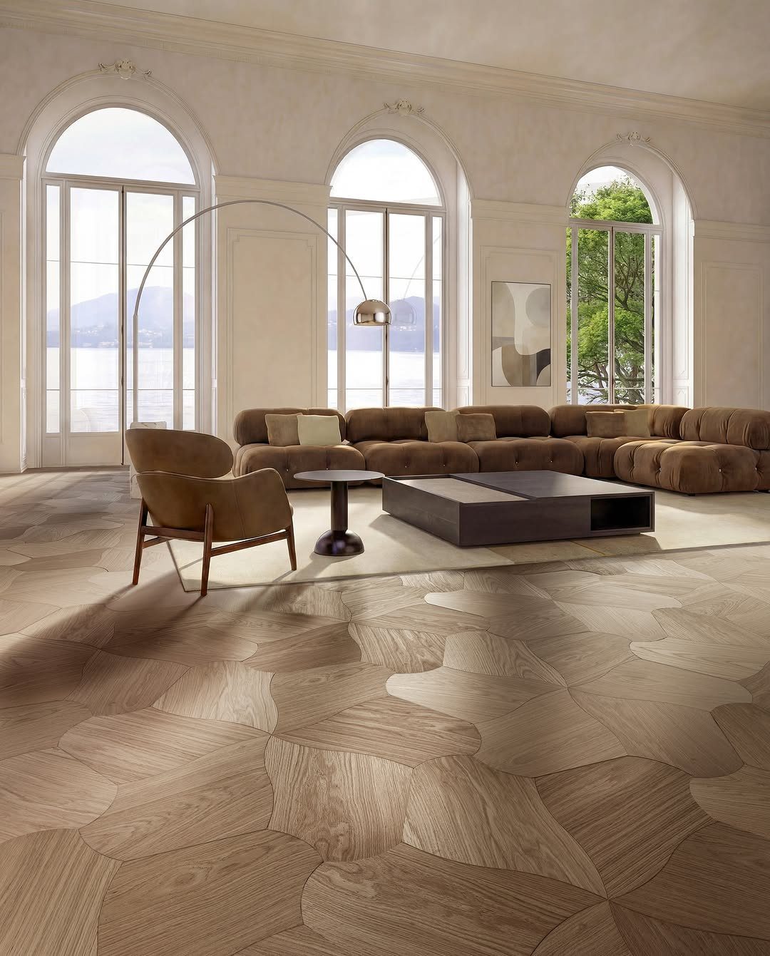 Light wood floor with large geometric interlocking patterns in a modern living room setting.