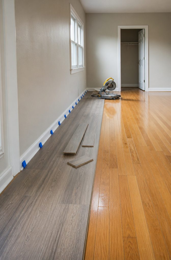 Photograph showing the installation of LVP planks in a room.