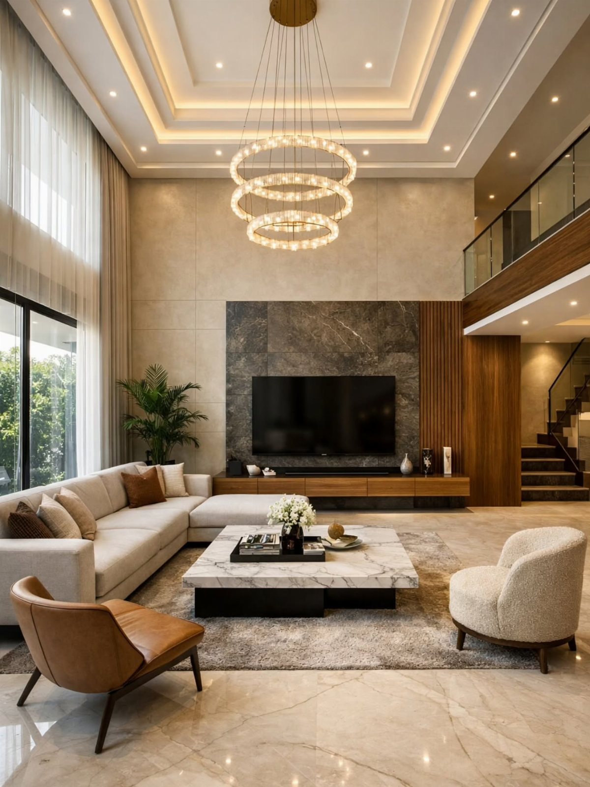 Polished marble flooring in a luxury living room with modern furniture and a large chandelier.