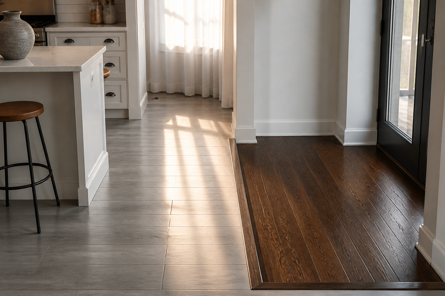 Luxury vinyl plank flooring installed in a bright room with natural light.