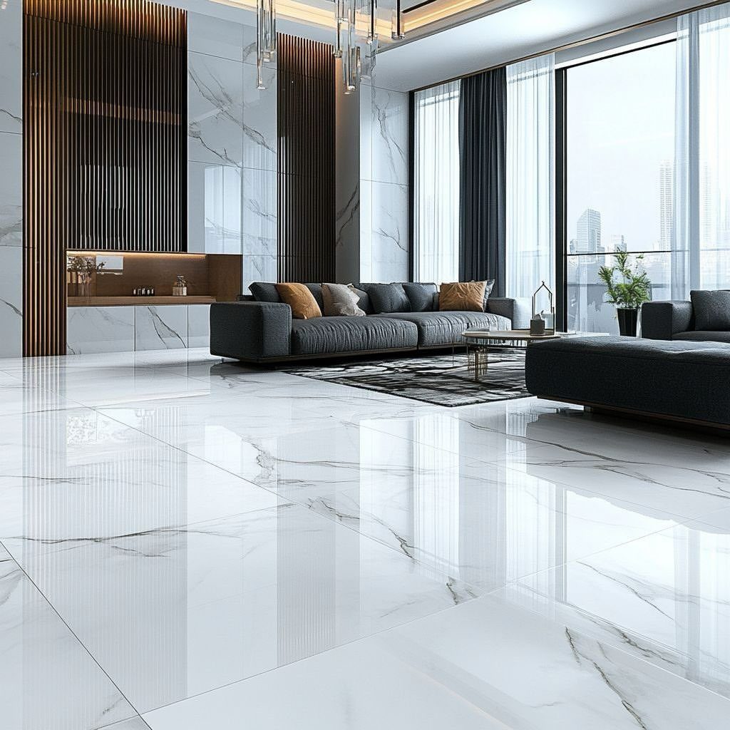 Polished white marble tiles with grey veining in a modern living room setting.