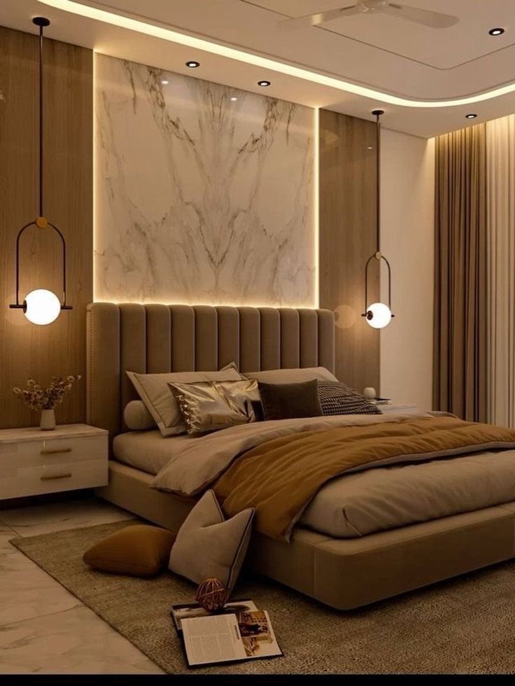 A modern bedroom with a backlit marble accent wall behind a beige upholstered bed.