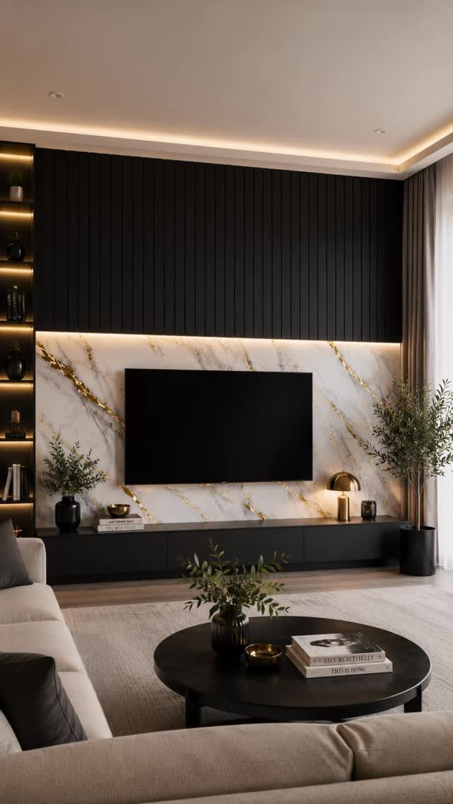 Television mounted on a marble patterned wall panel with black vertical slats above and a black console below.