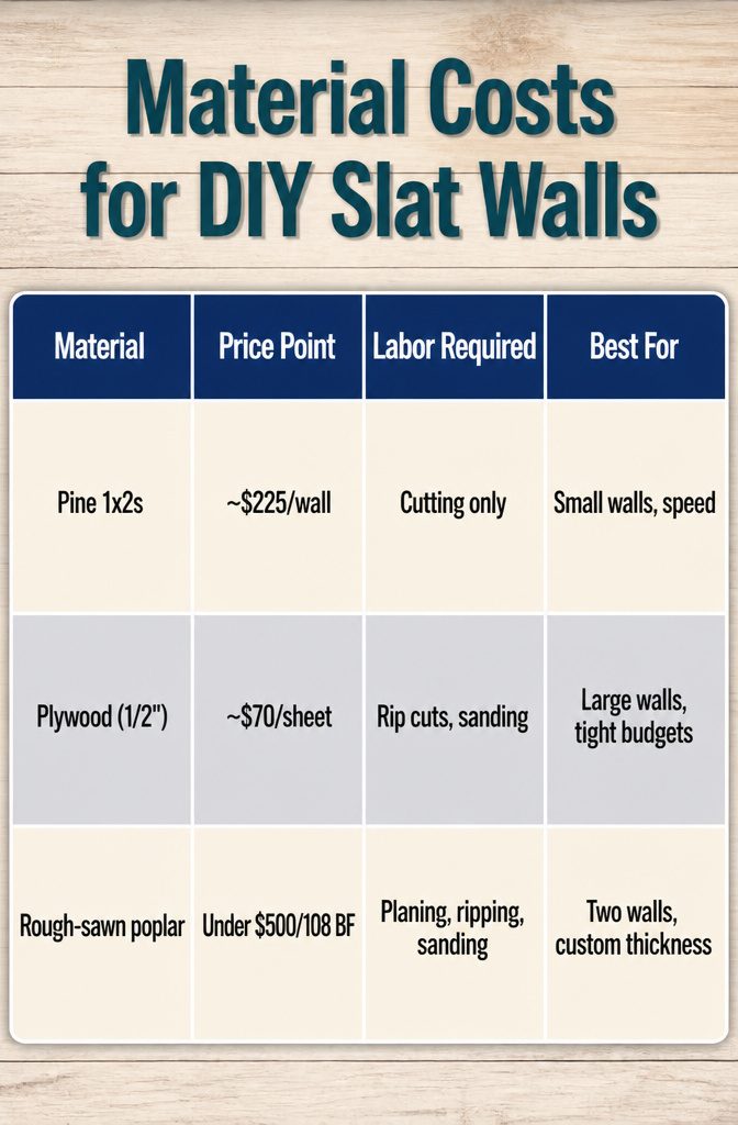 A chart comparing costs of different materials for slat walls.