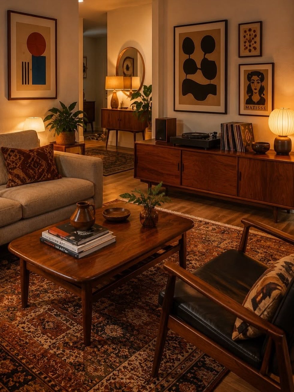 Framed art pieces hanging on a wall above a mid-century modern wooden sideboard in a living room.