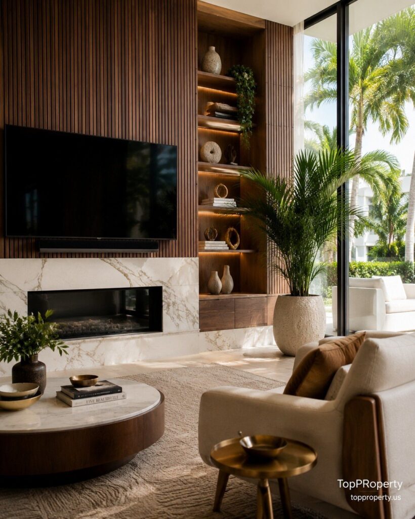 Vertical walnut wood paneling on a wall above a white marble fireplace and television.