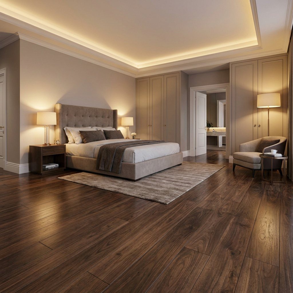 9 Chocolate Brown Hardwood Floors Ideas for Every Room 8 Dark chocolate brown hardwood floors in a modern, elegantly furnished bedroom with a large bed.