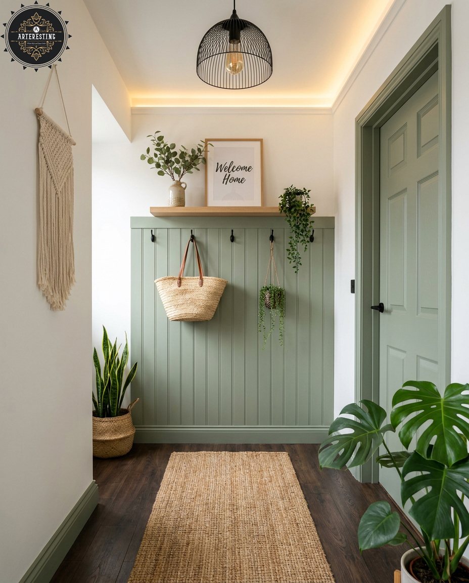 Sage green board and batten accent wall in an entryway with plants and a wooden shelf.