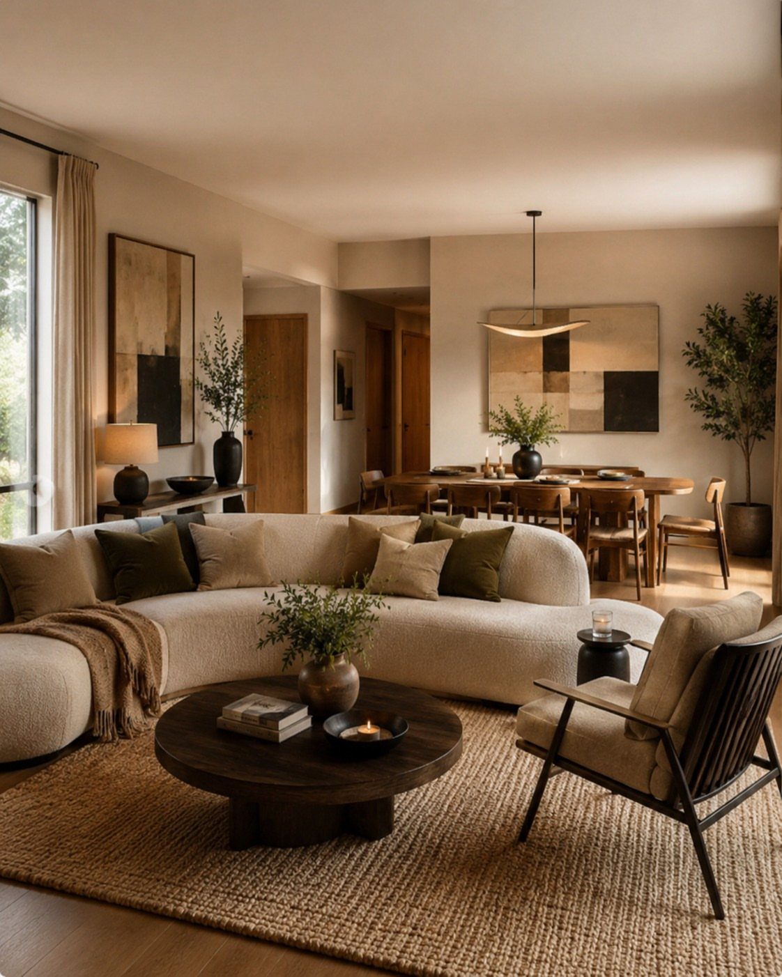 Cream curved sofa and dark wood coffee table in a neutral toned living room.