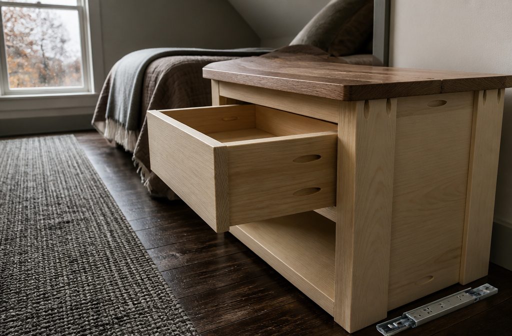 Pine nightstand with a drawer and open lower shelf in a workshop