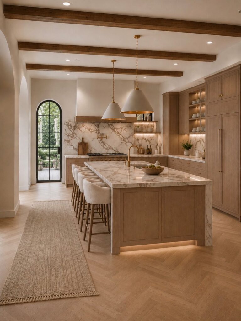 A modern kitchen with a marble island, wooden beams, and light oak herringbone flooring.
