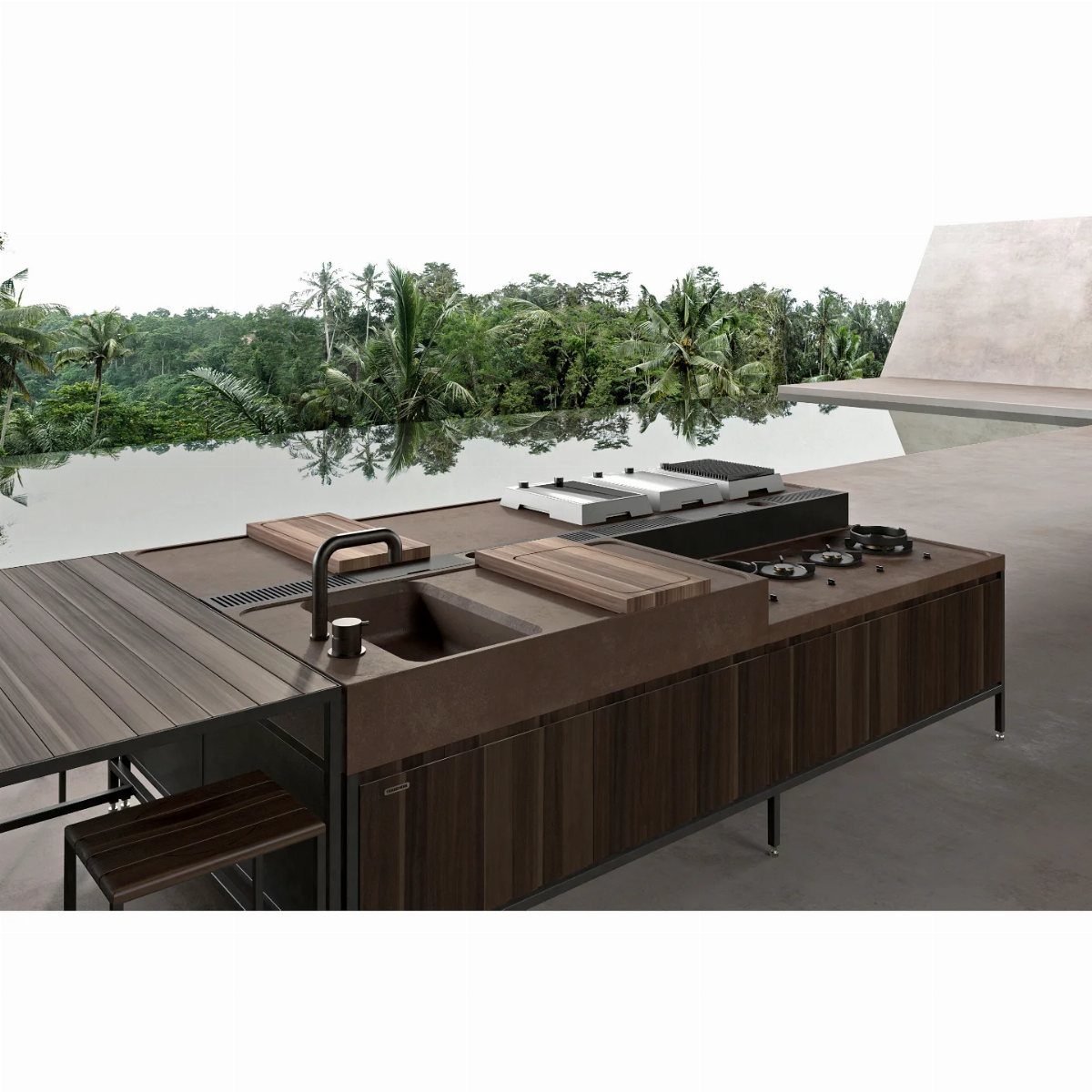 Dark Brown Wood Colors: 13 Ideas for Your Home 13 Outdoor kitchen with dark wood cabinetry and built-in appliances overlooking a tropical forest and pool.