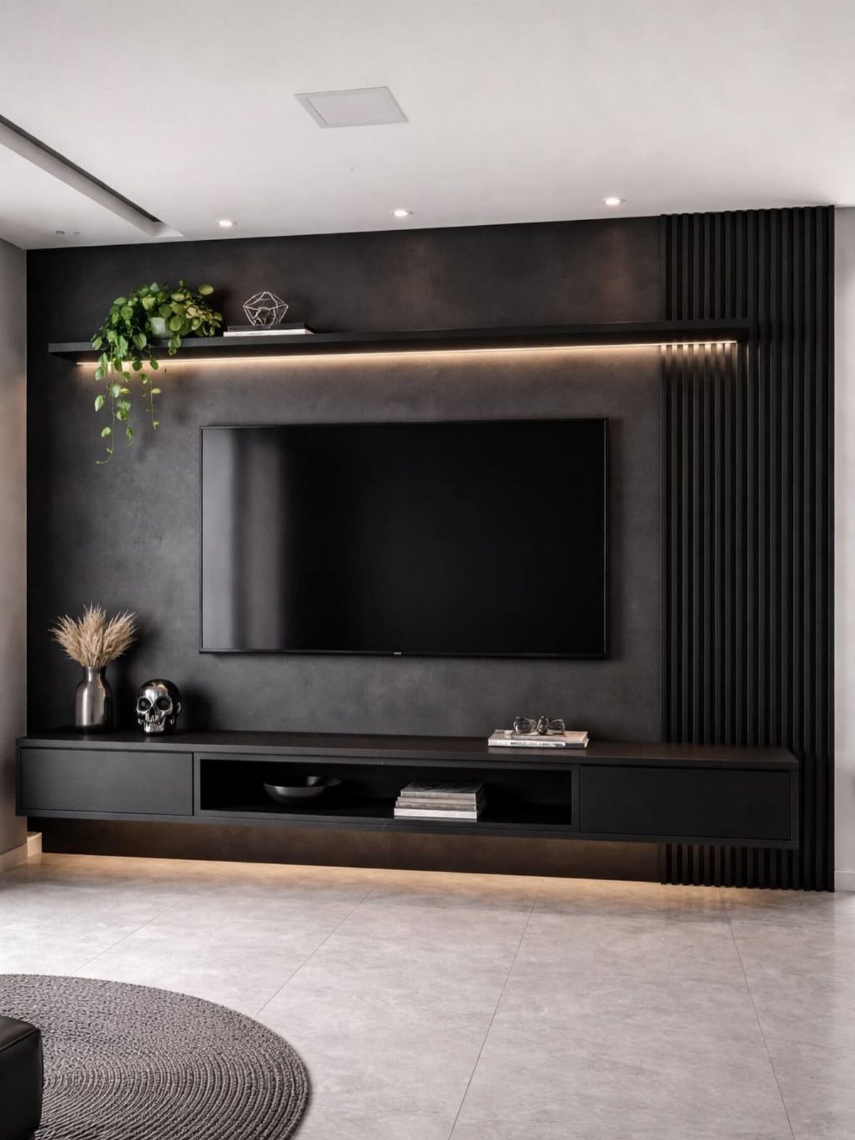 Black television mounted on a dark textured wall with a floating console and warm accent lighting.