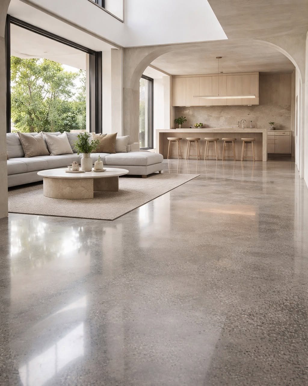 Polished grey concrete flooring reflecting light in a modern, open-plan living room and kitchen area.