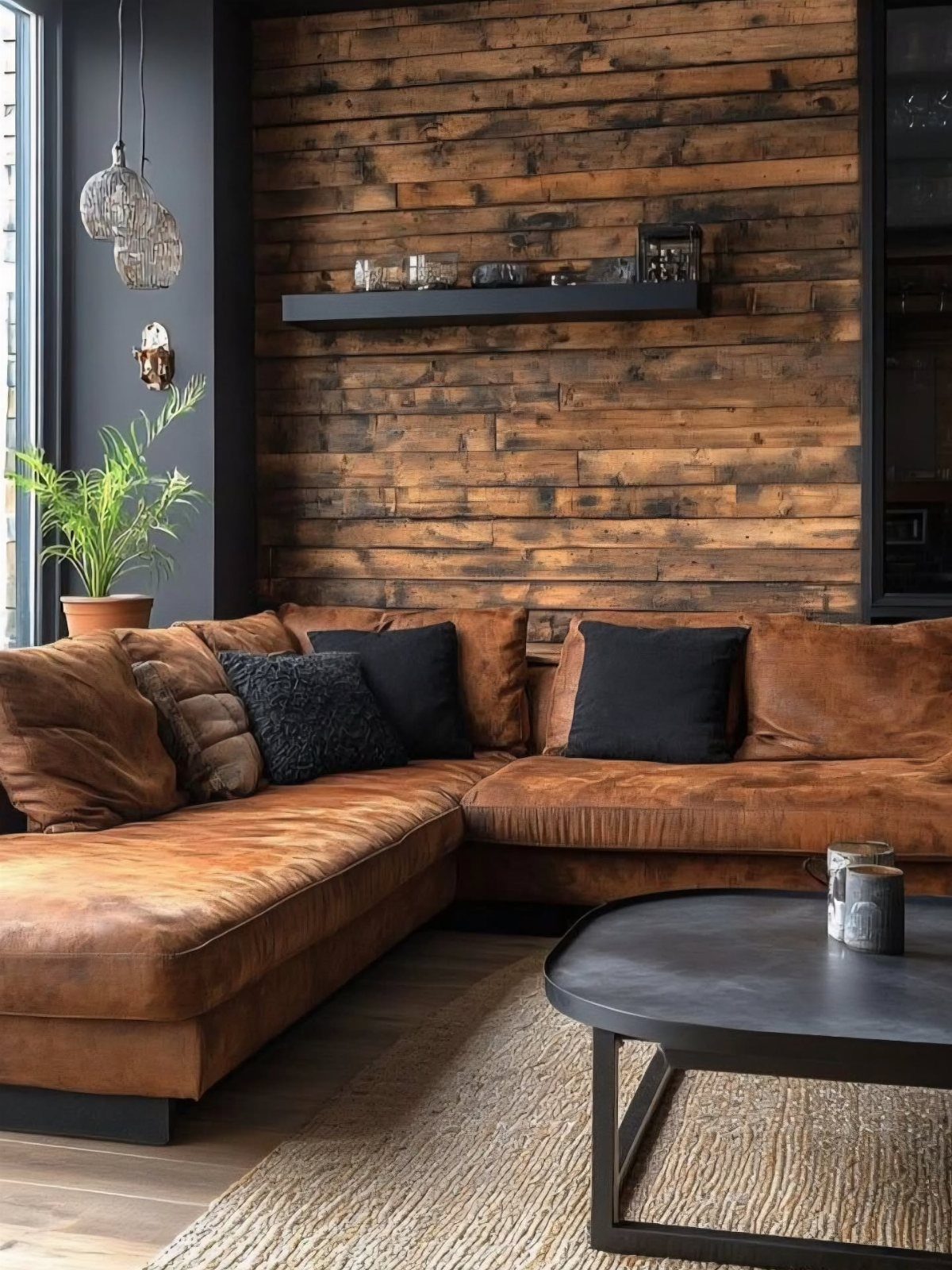 Reclaimed wood plank accent wall behind a brown leather sectional sofa in a modern living room.