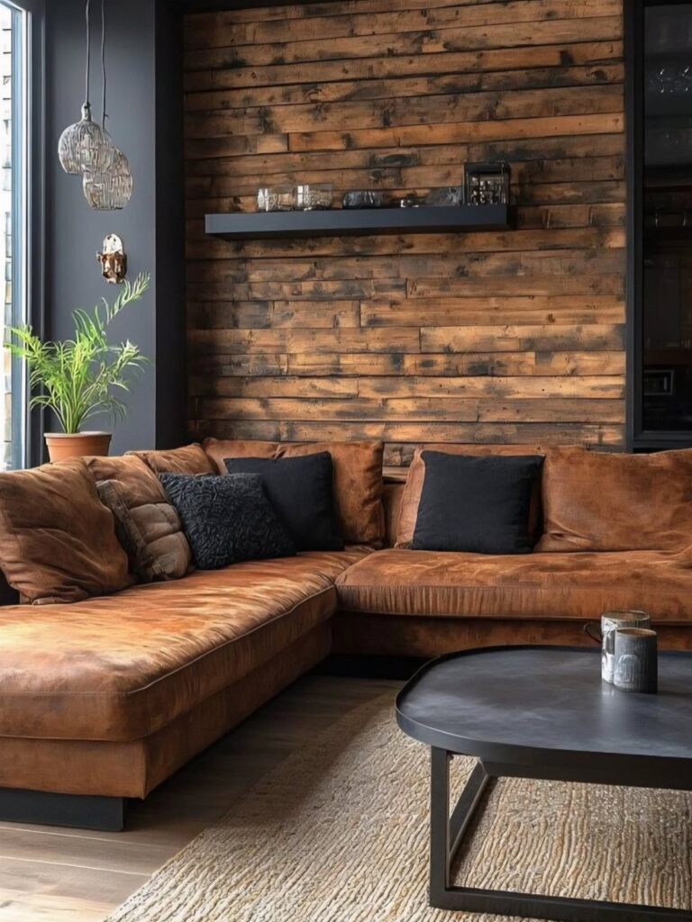 Reclaimed wood plank accent wall behind a brown leather sectional sofa in a modern living room.