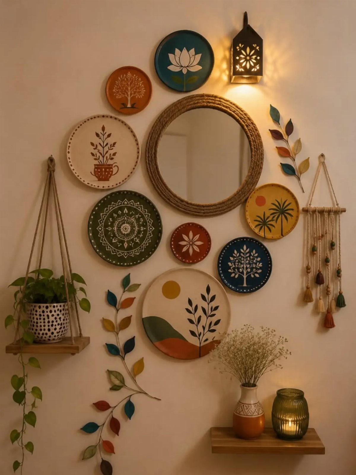 Decorative plates, a round mirror, and colorful leaf art arranged on a white wall.