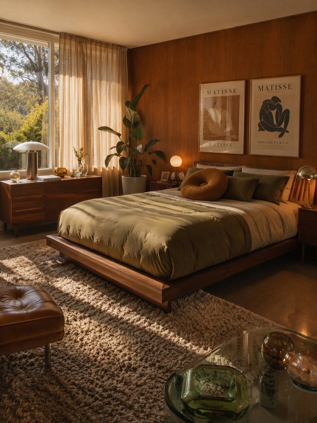 Mid-century modern bedroom with wood paneled walls, a platform bed, and olive green linens.