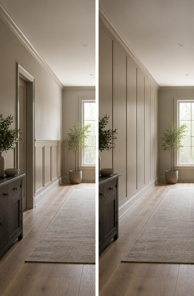 A narrow hallway with same-color wainscoting and wall paint.