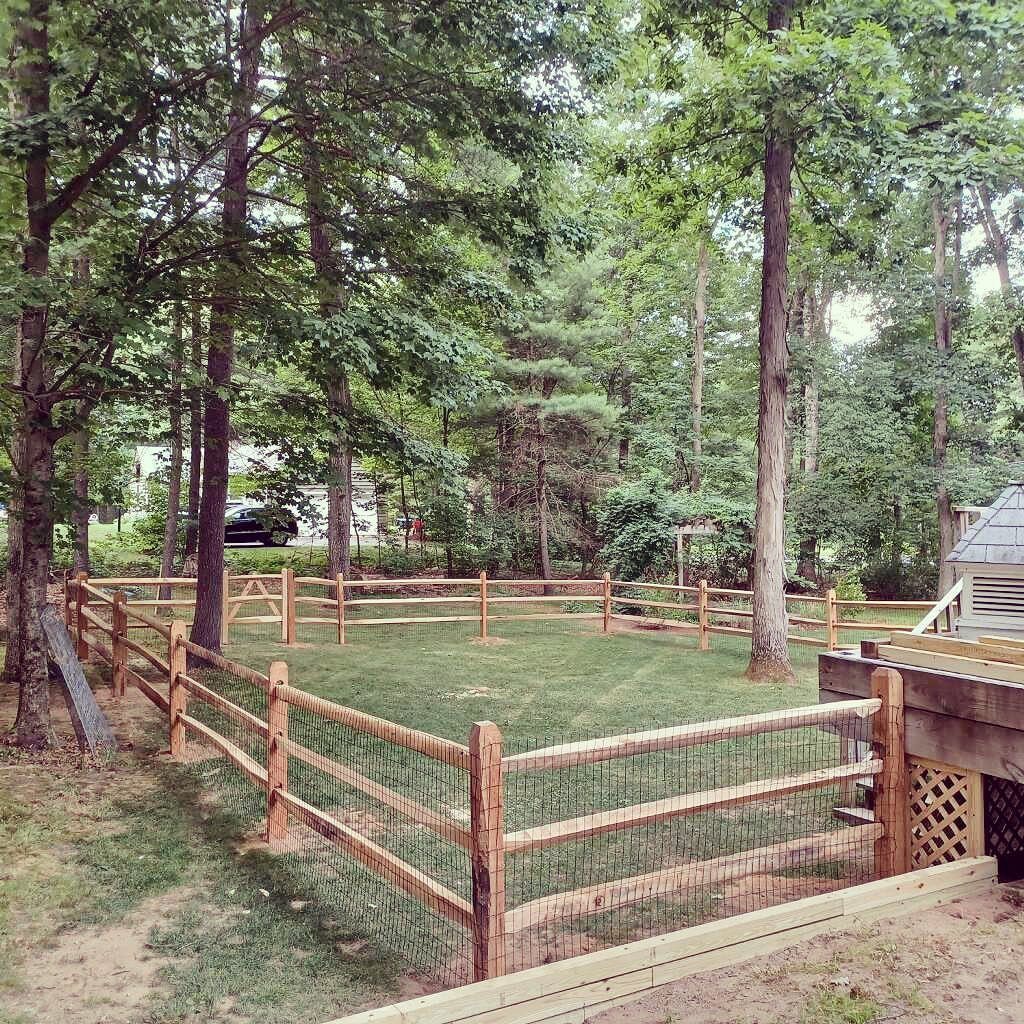 A wooden split rail fence with wire mesh enclosing a grassy yard near a forest.