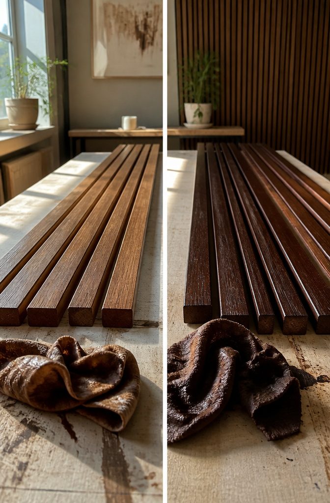 Stained wooden slats laid out for drying after finishing.