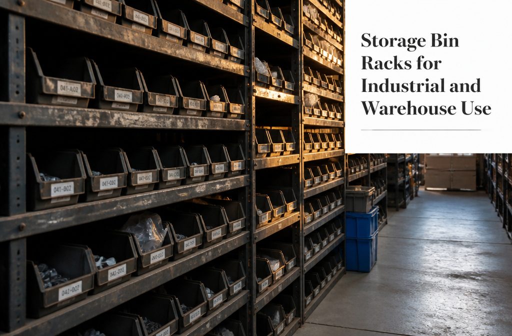 Storage bin rack holding assorted small parts and supplies on shelves