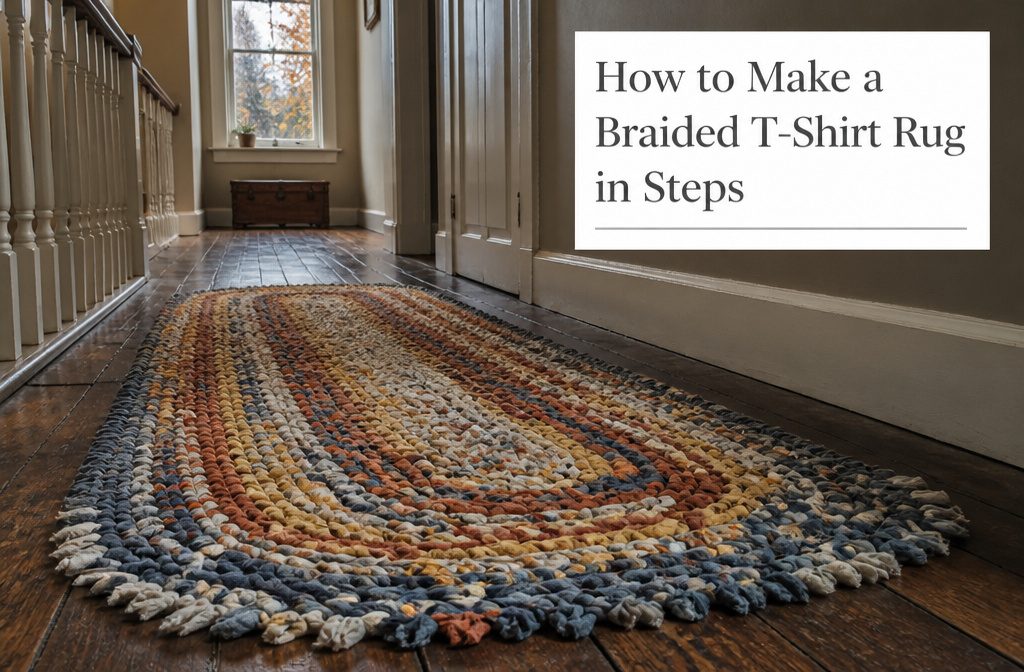 Round braided T-shirt rug made from soft strips in mixed colors
