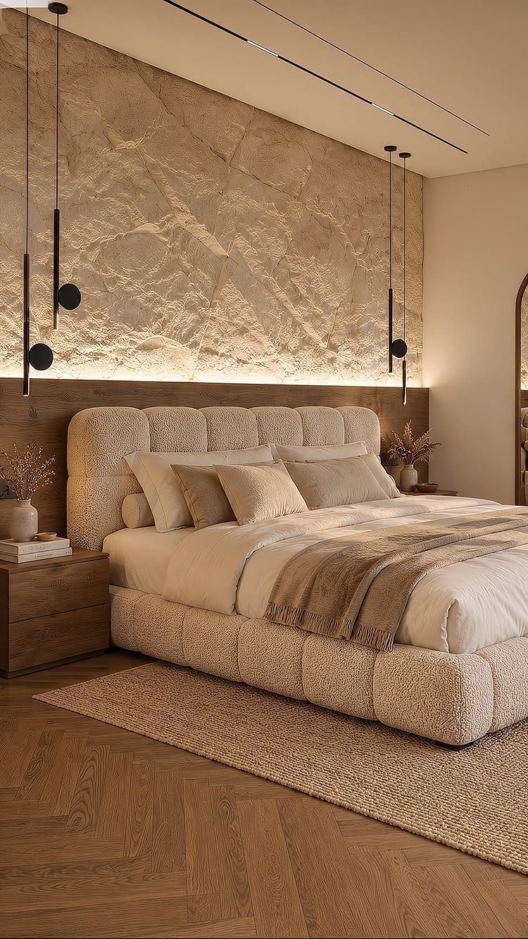 Textured stone accent wall behind a tufted beige bed in a warm, modern bedroom.